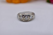 Load image into Gallery viewer, Vintage 18K White Gold Art Deco Old European Cut Diamond Dome Style Three Stone Ring