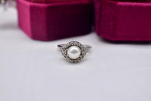 Load image into Gallery viewer, Vintage 14K White Gold Unique Pearl and Diamond Halo Style Ring