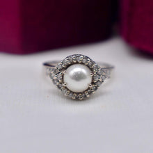 Load image into Gallery viewer, Vintage 14K White Gold Unique Pearl and Diamond Halo Style Ring