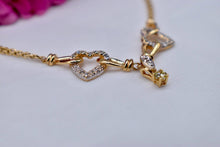 Load image into Gallery viewer, Vintage 14K Yellow Gold Fancy Flat Chain Interlocking Heart Dangle Diamond Necklace