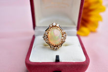 Load image into Gallery viewer, Vintage 14K Yellow Gold Oval Opal and Diamond Statement Ring With Black Enamel