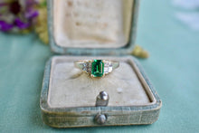 Load image into Gallery viewer, 14K Yellow Gold Vintage Emerald Cut Simulated Emerald and Natural Diamond Ring