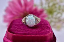 Load image into Gallery viewer, Vintage 10K Yellow Gold Lab Grown Oval Cut Opal & Diamond Halo Ring