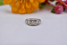 Load image into Gallery viewer, Vintage 18K White Gold Art Deco Old European Cut Diamond Dome Style Three Stone Ring
