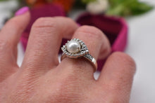 Load image into Gallery viewer, Vintage 14K White Gold Unique Pearl and Diamond Halo Style Ring