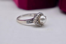 Load image into Gallery viewer, Vintage 14K White Gold Unique Pearl and Diamond Halo Style Ring