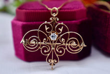Load image into Gallery viewer, Vintage 14K Yellow Gold Solitaire Art Deco Old European Diamond Filigree Brooch Necklace