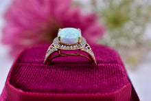 Load image into Gallery viewer, Vintage 10K Yellow Gold Lab Grown Oval Cut Opal & Diamond Halo Ring