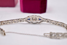 Load image into Gallery viewer, Vintage Art Deco 18K White Gold Sapphire & Diamond Filigree Bracelet