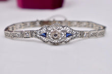 Load image into Gallery viewer, Vintage Art Deco 18K White Gold Sapphire & Diamond Filigree Bracelet