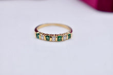 Load image into Gallery viewer, Vintage 14K Yellow Gold Bar Channel Set Emerald & Diamond Band