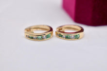 Load image into Gallery viewer, Vintage 14K Yellow Gold Channel Set Emerald & Diamond Hoop Earrings