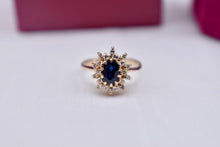 Load image into Gallery viewer, 14K Yellow Gold Vintage Sapphire & Diamond Oval Halo Ring