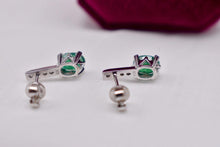Load image into Gallery viewer, Vintage 18K White Gold Oval Emerald & Diamond Bar Drop Earrings