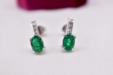 Load image into Gallery viewer, Vintage 18K White Gold Oval Emerald & Diamond Bar Drop Earrings