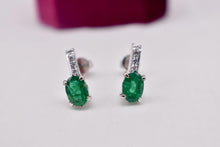 Load image into Gallery viewer, Vintage 18K White Gold Oval Emerald & Diamond Bar Drop Earrings