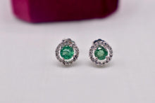 Load image into Gallery viewer, Vintage 14K White Gold Round Emerald & Diamond Halo Stud Earrings