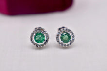 Load image into Gallery viewer, Vintage 14K White Gold Round Emerald & Diamond Halo Stud Earrings