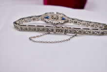 Load image into Gallery viewer, Vintage Art Deco 18K White Gold Sapphire & Diamond Filigree Bracelet