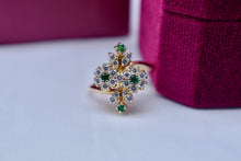 Load image into Gallery viewer, Vintage 18K Yellow Gold Emerald & Diamond Double Flower Ring
