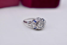Load image into Gallery viewer, Platinum Vintage Art Deco Baguette Sapphire Accented Old European Cut Diamond Engagement Ring