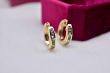 Load image into Gallery viewer, Vintage 14K Yellow Gold Channel Set Emerald & Diamond Hoop Earrings