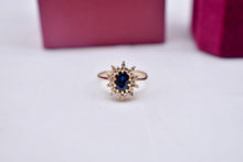 Load image into Gallery viewer, 14K Yellow Gold Vintage Sapphire & Diamond Oval Halo Ring