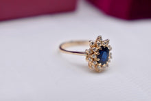 Load image into Gallery viewer, 14K Yellow Gold Vintage Sapphire & Diamond Oval Halo Ring