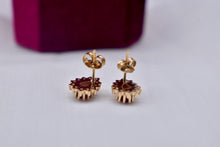 Load image into Gallery viewer, Vintage 14K Yellow Gold Pear Shape Ruby and Diamond Halo Earrings
