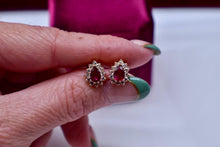 Load image into Gallery viewer, Vintage 14K Yellow Gold Pear Shape Ruby and Diamond Halo Earrings