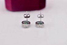 Load image into Gallery viewer, Vintage 14K White Gold Round Emerald & Diamond Halo Stud Earrings