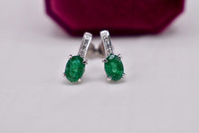 Load image into Gallery viewer, Vintage 18K White Gold Oval Emerald & Diamond Bar Drop Earrings
