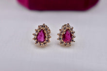 Load image into Gallery viewer, Vintage 14K Yellow Gold Pear Shape Ruby and Diamond Halo Earrings