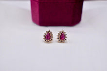 Load image into Gallery viewer, Vintage 14K Yellow Gold Pear Shape Ruby and Diamond Halo Earrings