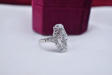 Load image into Gallery viewer, Vintage Art Deco 10K White Gold Filigree Transitional Cut Diamond Navette Ring