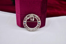 Load image into Gallery viewer, Vintage Art Deco 14K White Gold Wreath Style Bow Diamond & Sapphire Brooch