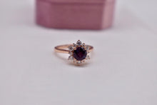 Load image into Gallery viewer, 14K Rose Gold Vintage Inspired Round Lab Grown Alexandrite and Moissanite Halo Ring