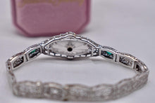 Load image into Gallery viewer, Vintage Art Deco 14K White Gold Filigree Bracelet, Emerald Glass, Rock Crystal Quartz, Diamond