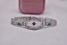 Load image into Gallery viewer, Vintage Art Deco 14K White Gold Filigree Bracelet, Emerald Glass, Rock Crystal Quartz, Diamond
