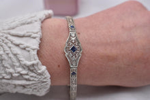 Load image into Gallery viewer, Vintage Art Deco 14K White Gold Filigree Bracelet, Sapphire Glass,
