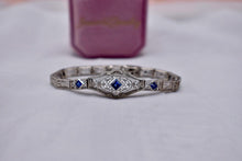 Load image into Gallery viewer, Vintage Art Deco 14K White Gold Filigree Bracelet, Sapphire Glass,