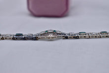 Load image into Gallery viewer, Vintage Art Deco 14K White Gold Filigree Bracelet, Old European Cut Diamonds, Emerald Glass