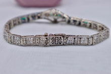 Load image into Gallery viewer, Vintage Art Deco 14K White Gold Filigree Bracelet, Old European Cut Diamonds, Emerald Glass