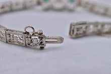 Load image into Gallery viewer, Vintage Art Deco 14K White Gold Filigree Bracelet, Single Cut Diamond, Emerald Glass