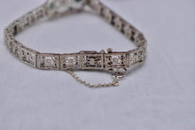 Load image into Gallery viewer, Vintage Art Deco 14K White Gold Filigree Bracelet, Single Cut Diamond, Emerald Glass