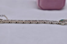 Load image into Gallery viewer, Vintage Art Deco 14K White Gold Filigree Bracelet, Single Cut Diamond, Emerald Glass