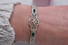 Load image into Gallery viewer, Vintage Art Deco 14K White Gold Filigree Bracelet, Transitional Cut Diamond, Emerald Glass