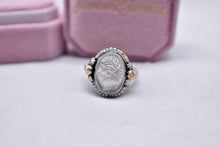 Load image into Gallery viewer, Vintage 14K White Gold Art Deco Filagree Glass Cameo & Seed Pearl Halo Ring