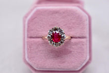 Load image into Gallery viewer, RESERVED LISTING Not For Sale Vintage Victorian 14K Yellow gold Natural Oval Ruby & Old Mine Cut Diamond Halo Ring