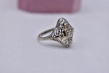 Load image into Gallery viewer, Vintage Art Deco 18K White Gold Geometric Filigree Transitional Diamond Shield Style Ring